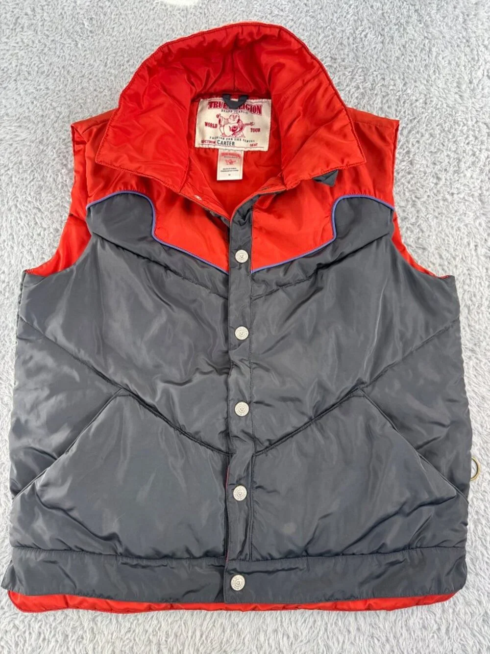 True Religion Puffer Vest Red Gray Button Jacket Mens M Western Retro